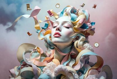 The primary subject of the image is a woman with long, flowing hair. She is surrounded by various chairs, some of which are positioned behind her and others in front of her. The setting appears to be a creative and artistic environment, possibly a studio or a stage. The visual style of the image is a combination of digital art and illustration, with the woman's hair and the chairs being the main focus of the composition. The colors and mood of the image are vibrant and lively, with